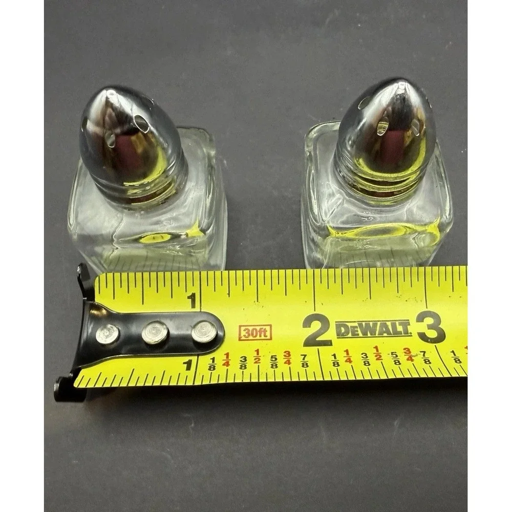 Vintage Clear Glass Salt & Pepper Shakers Square Bottles Chrome Bullet Tops RP
